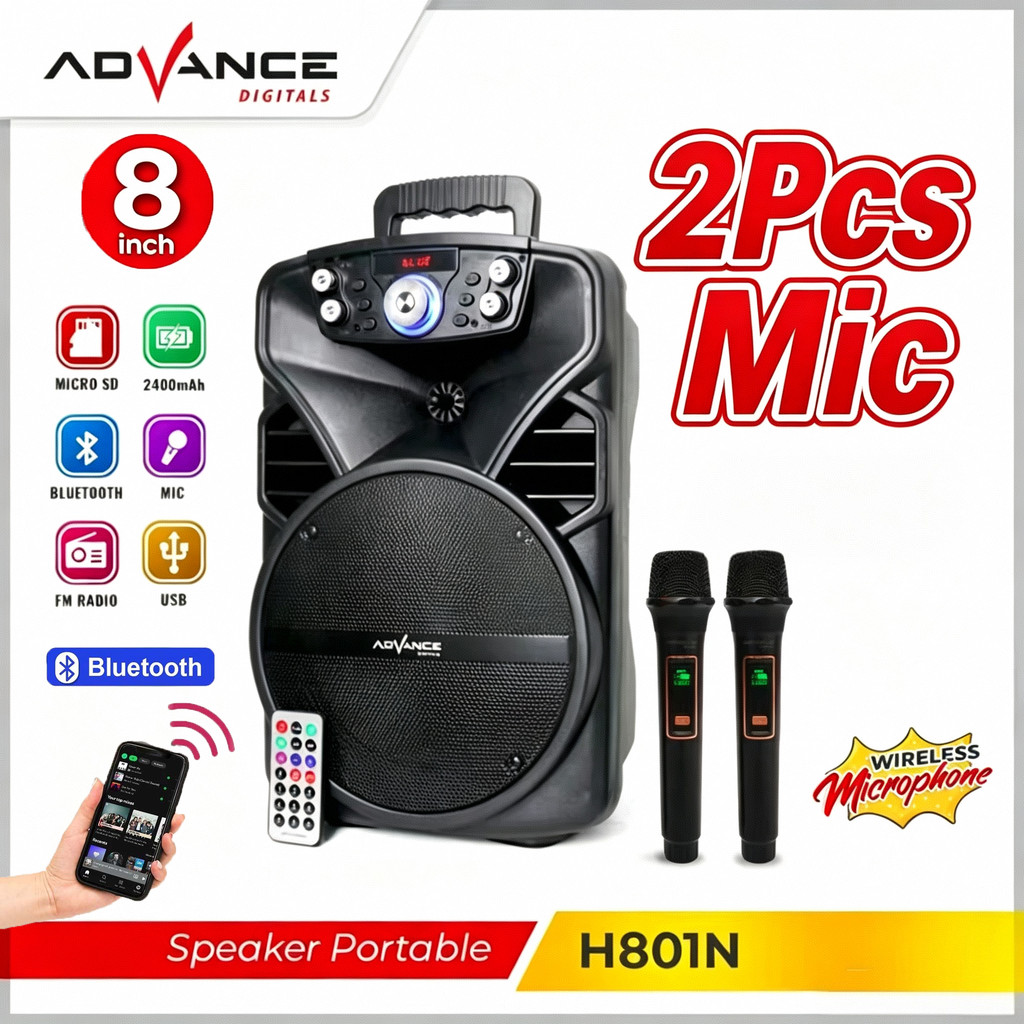 ADVANCE H-801N Speaker Bluetooth Portable 8Inch Free 2 Mic Karaoke Wireless 801