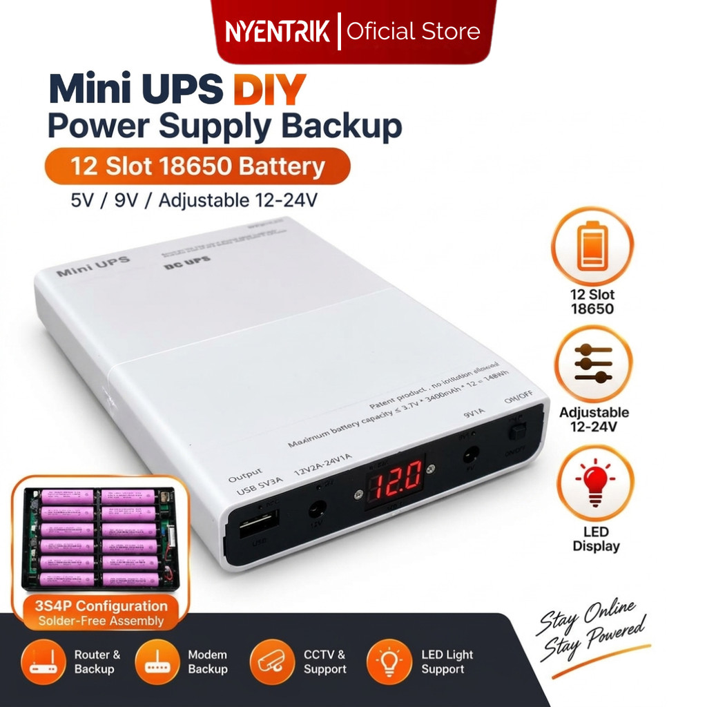 Jual NYENTRIK Mini UPS DIY Power Supply Backup Router WiFi CCTV 12 Slot ...