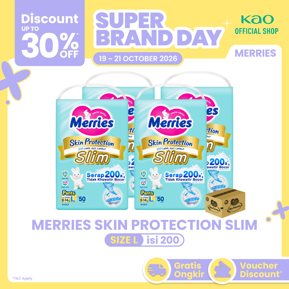 Merries Skin Protection Slim Pants Popok Bayi Diapers Ergoslim L (9-14kg) Serap 200x Tidak Khawatir Bocor Pads / Isi 50 Karton