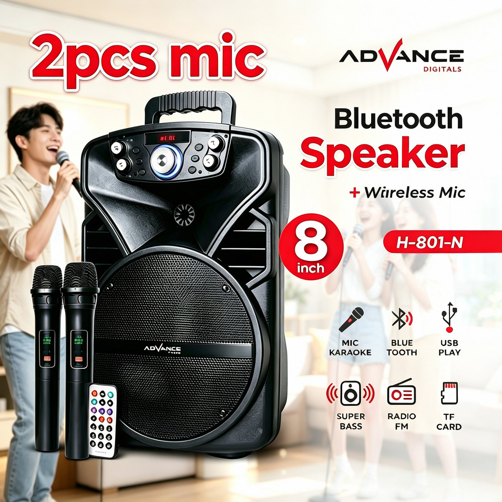 2MIC Advance Speaker Bluetooth Portable TWS 8Inch+2xMic Wireless 801