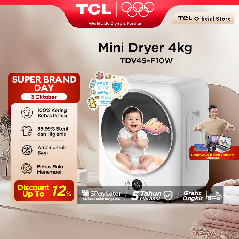 TCL Mini Dryer Kapasitas 4KG- Bebas Polusi - 100% Kering Tanpa Jemur - 99.9% Pakaian Steril - Aman untuk Pakaian Bayi - Bebas Bulu - Mesin Cuci MIni - Pengering Pakaian Kecil (Model:TDV45-F10W )