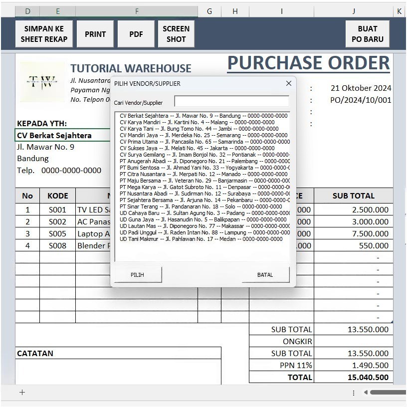Jual Template Excel Purchase Order (PO) Otomatis Simpan ke Arsip, Cetak ...