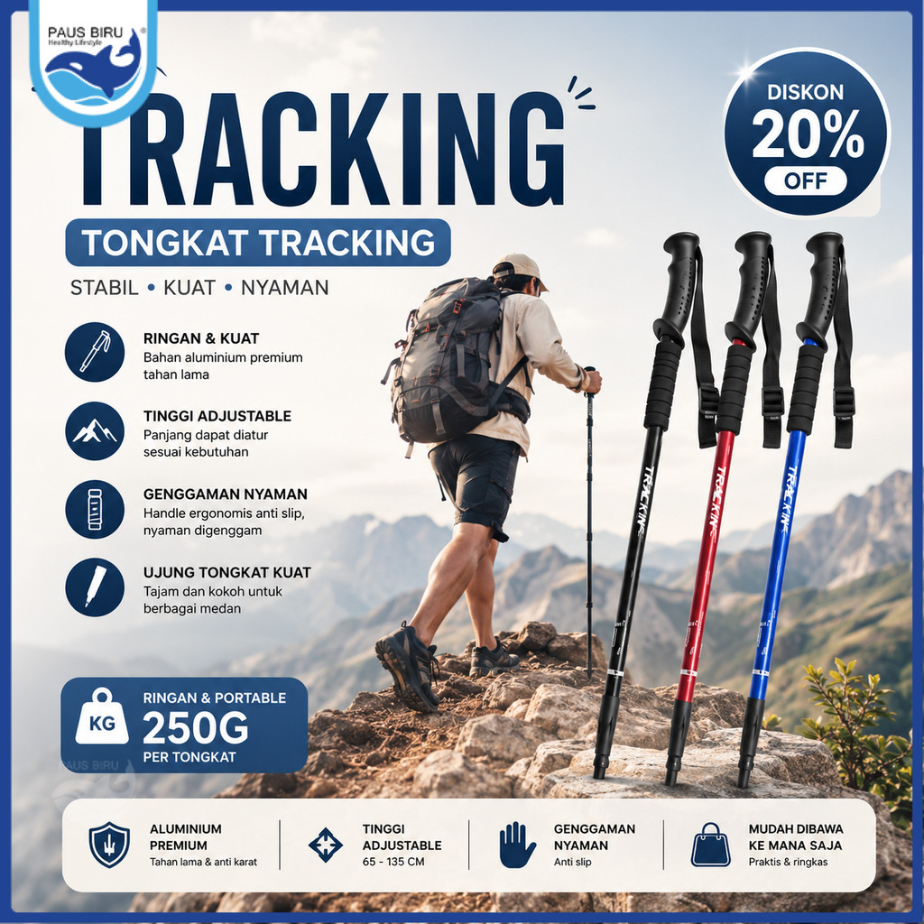 Paus Biru - Tracking Pole Lipat Tongkat Gunung Trekking Hiking | Tongkat Pendaki Naik Gunung Paduan Aluminium Kokoh Anti Shock - Alat Bantu Jalan Camping Outdoor