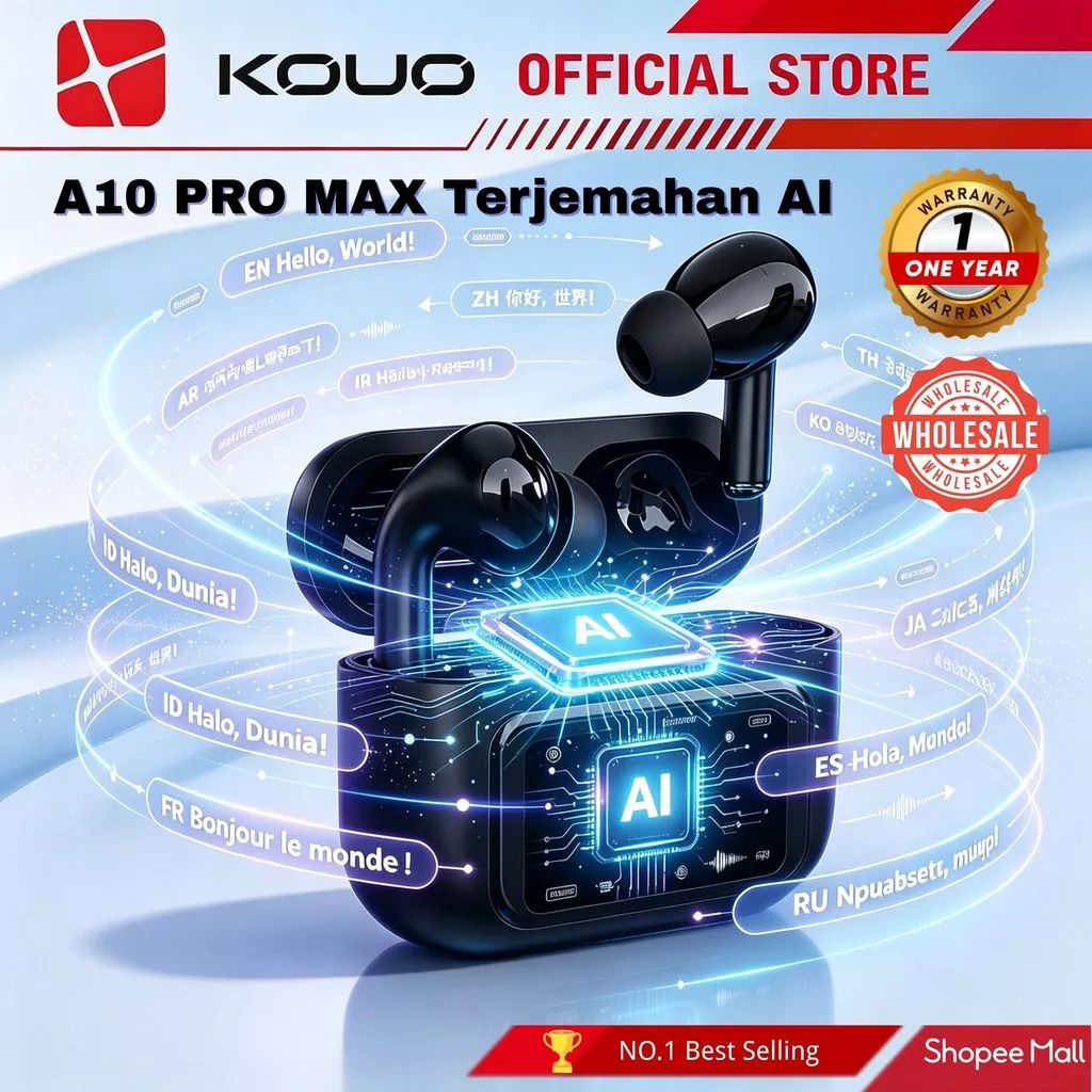 KOUO AI Earbuds A10 Pro TWS translate Terjemahan AI Bluetooth Touchscreen 16 Fitur AI Earphone Wireless High Quality Sound ENC/ANC Konektivitas Ke Semua Perangkat Factory Grosir