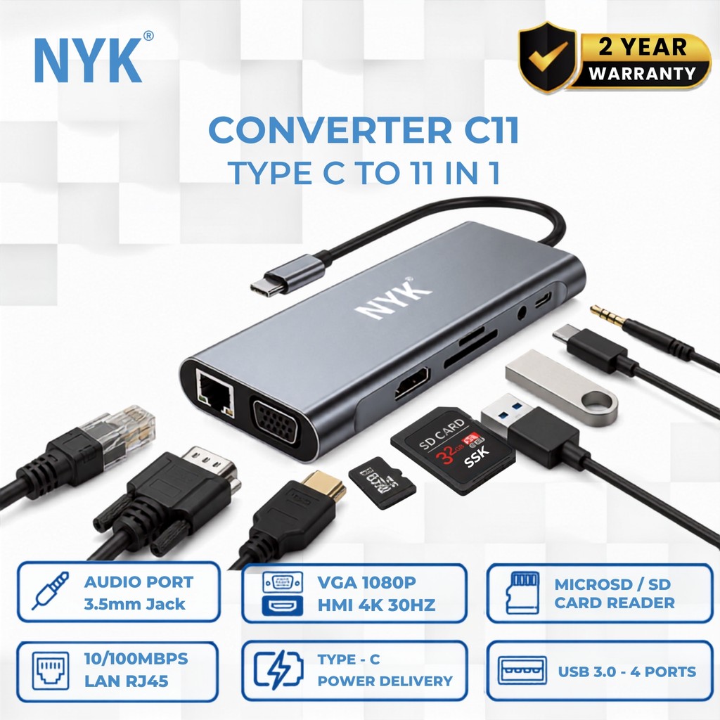 NYK USB HUB C11 Port 11 in 1 Type C Port 3.1 iOS Windows Macbook Linux Smart Phone TV COD HUB bergaransi Docking Station Data transfer Mobile phone ma