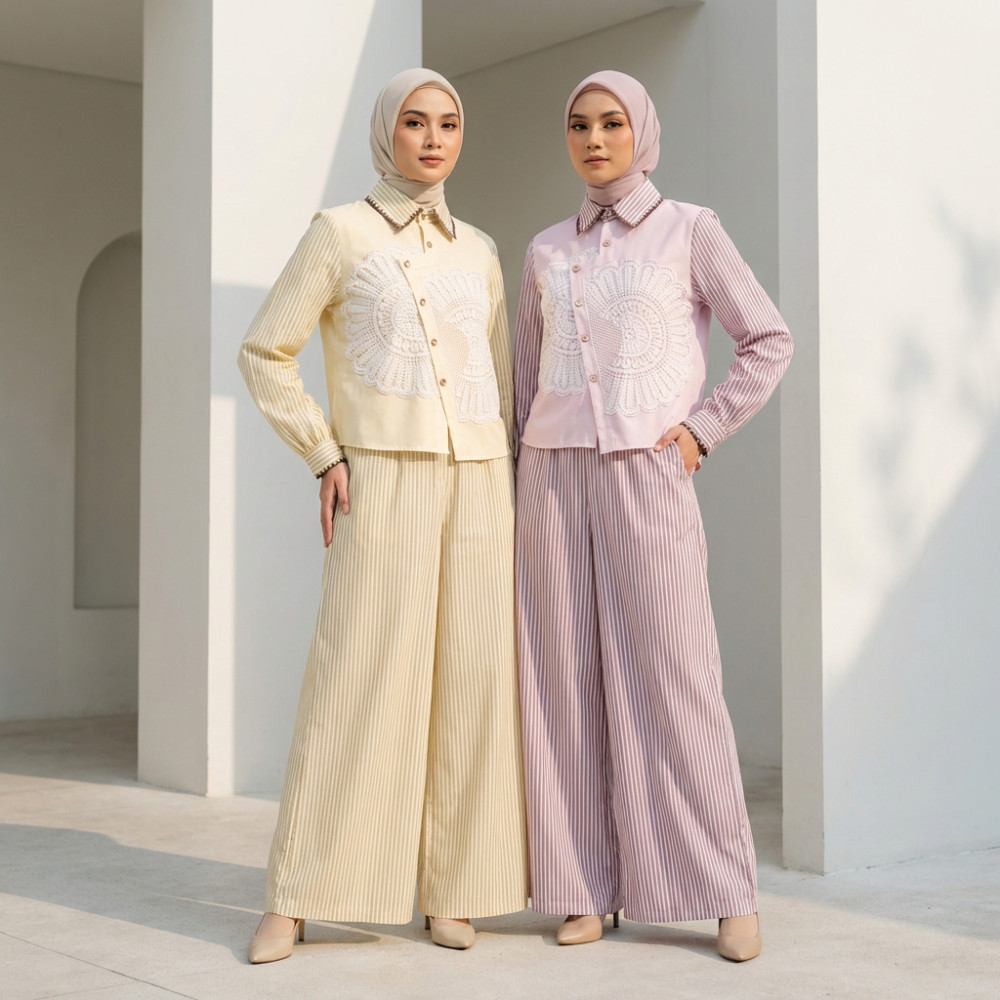 Jual CHICMORE Setelan Kemeja Wanita Kasual | Motif Garis-garis Bordir ...