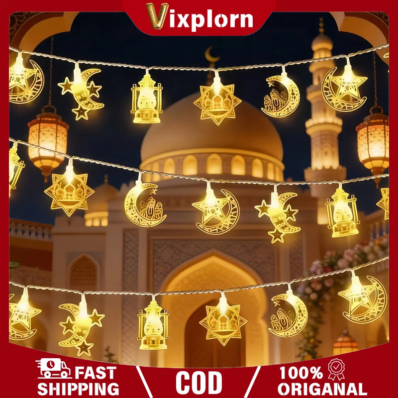 Vixplorn 10Meter Lampu Lebaran Lampu Bintang Idul Fitri LED Rangkaian Hiasan Ramadhan Festival Bintang Dan Bulan Dekorasi Suasana Ramadan Hari Raya Ornamen