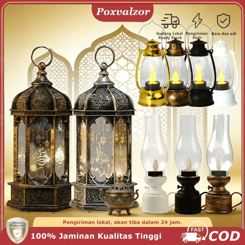 Poxvalzor Lentera Hari Raya Idul Fitri LED Lampu Lilin Lentera Hiasan Ramadan LED Lampu Ramadan Bergaya Retro Hiasan Hari Raya Idul Fitri