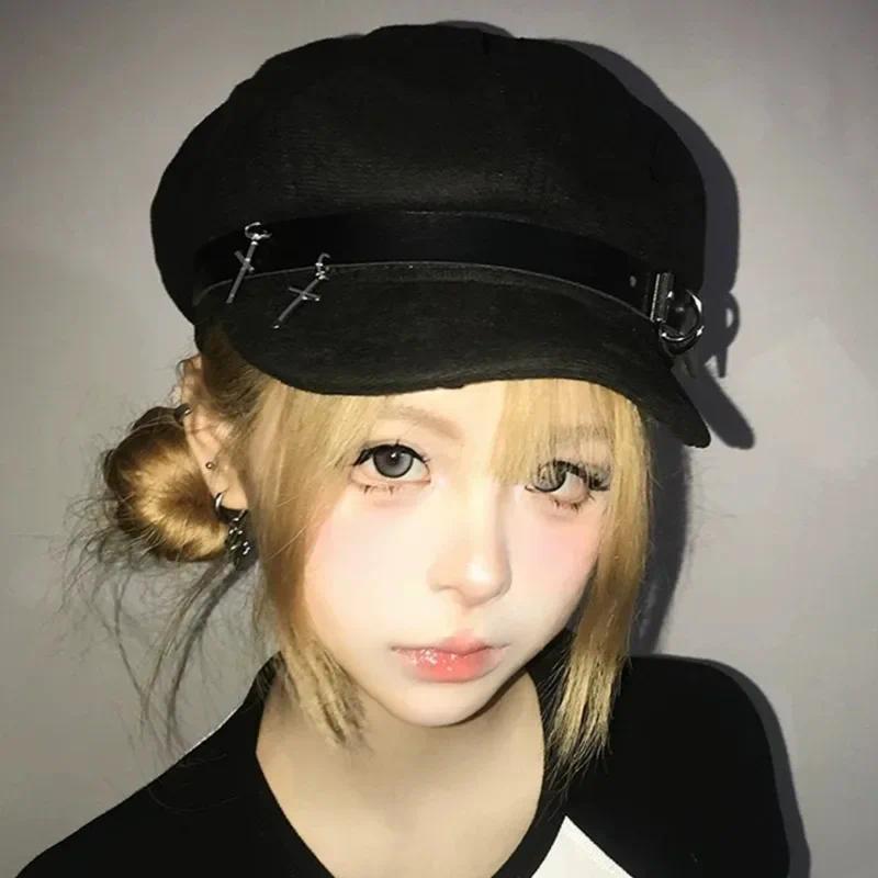 Women Teens Punk Goth Cross Cap – Y2K Plaid Newsboy Hat With Beret