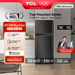 TCL Kulkas 2 Pintu (F130-A50) - Kapasitas 118L - Rak Freezer Terpisah - 3D Surro