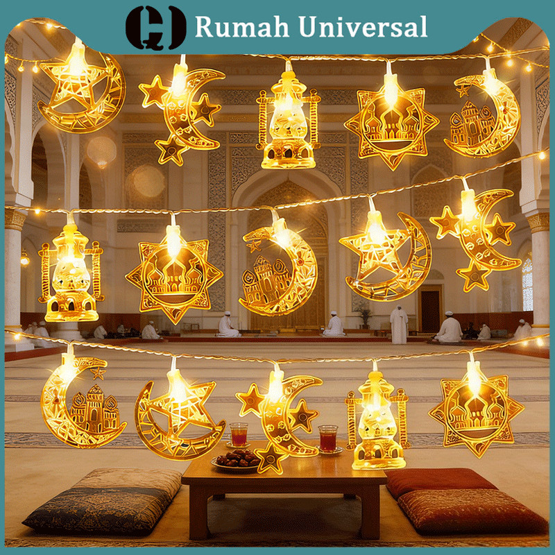 12M 80 LED Lampu Ramadan Bulan Bintang Dekorasi Lebaran Idul Fitri Lampu Tirai Bulan Bintang Dekor Idul Fitri Hiasan