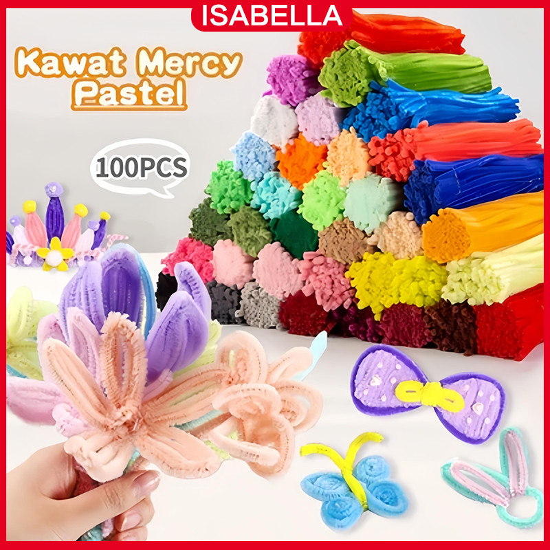 ISABELLA 100Pcs Kawat Bulu Mercy Pipe Cleaner Pastel Rainbow Mix 30Cm / Floral Tape / Tangkai Bunga Kawat Hijau/ Kawat Bulu Mainan Anak Craft Diy Kerajinan Tangan Pipe Cleaner Gembul