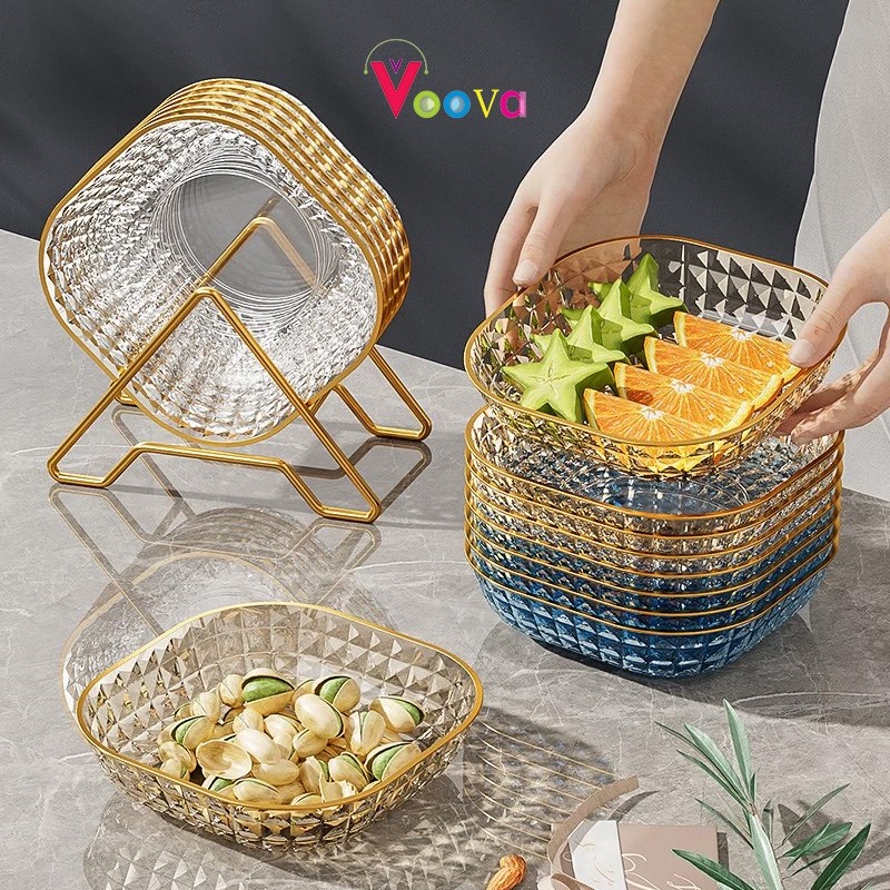 VOOVA Set dan Satuan Piring Saji Lauk atau Buah/ Piring Saji Aesthetic/ Mangkok Plastik Crystal Aesthetic