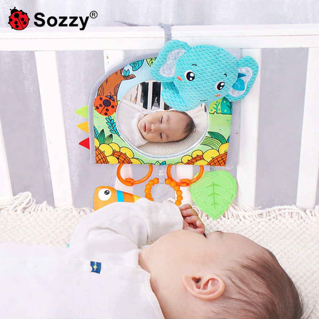 detail mainan teether dan rattle pada kaca spion jok bayi
