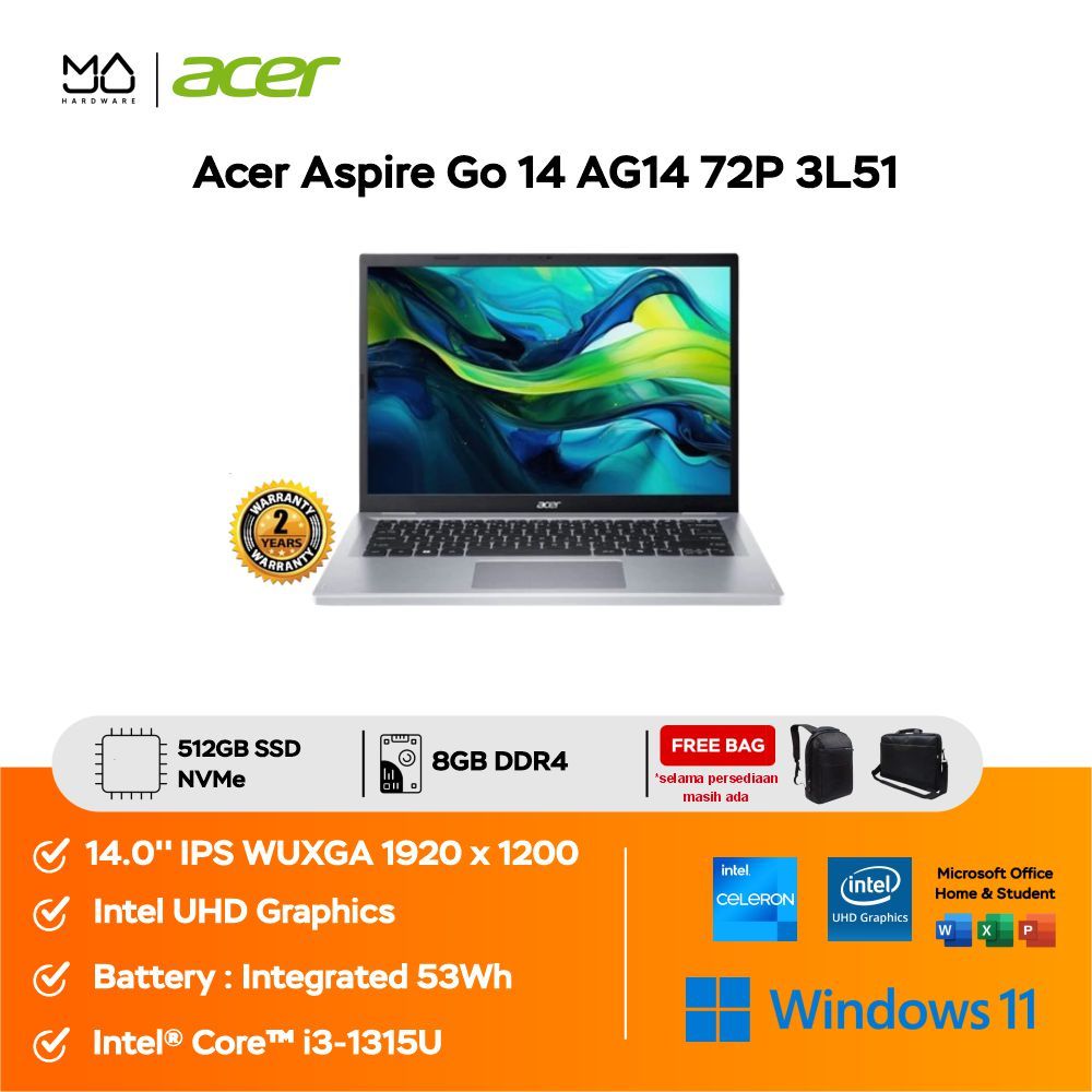 Jual Acer Aspire Go 14 AG14 72P Core i3 1315U 8GB 512GB W11 OHS M365 ...