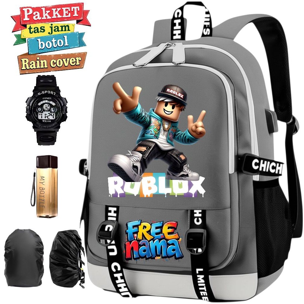 Tas Ransel Sekolah Anak Motif Roblox Custom Nama Gratis + Jam Botol Rain Cover