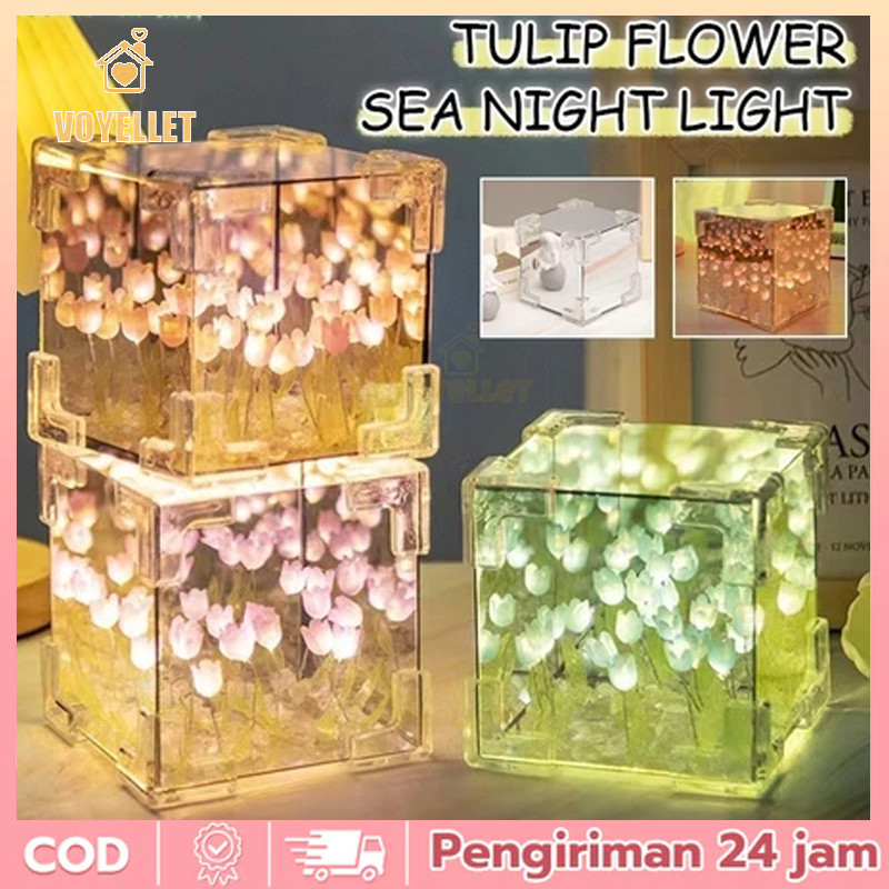 Paket Bahan Buatan Tangan Lampu Malam Laut Bunga Tulip Cermin Ajaib 3D Hadiah Pasangan Sahabat dollpen