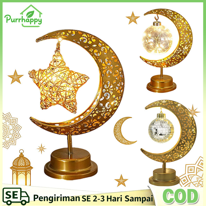 Purrhappy Lampu Bulan LED Idul Fitri  Lampu Hias Ramadan Lampu Dekorasi Led Malam Idul Fitri Bulan Dekorasi Ornamen Dekoratif Ruang Tamu Lampu Samping Tempat Tidur Dekorasi Rumah Ramadan Lampu