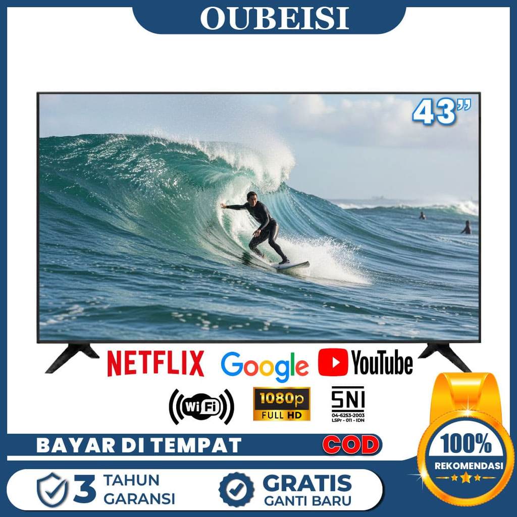 OUBEISI TV LED 43 Inch Smart TV Android 11.0 FHD 1920x1080 Resolusi HDMI VGA USB 2 Speaker Internal Garansi 3 Tahun COD Televisi Murah