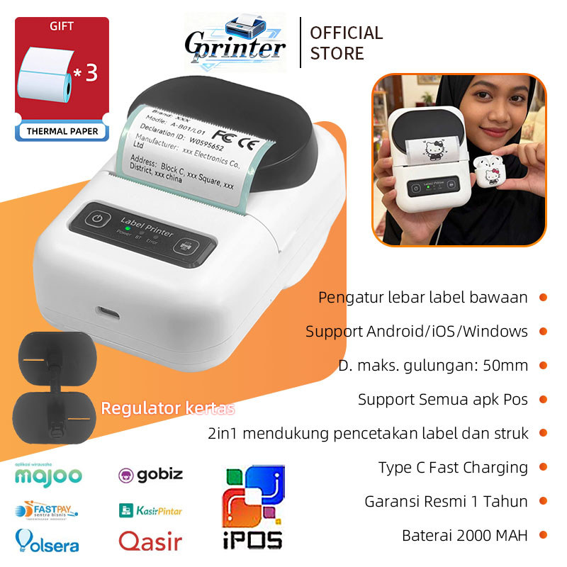Jual Free*3 Roll label 2IN1 printer thermal mini Printer Thermal ...