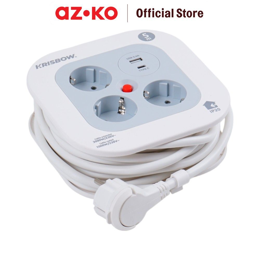 Jual AZKO Krisbow 5 mtr Kabel Roll Mini 3 Soket dengan 1 USB-A dan USB ...