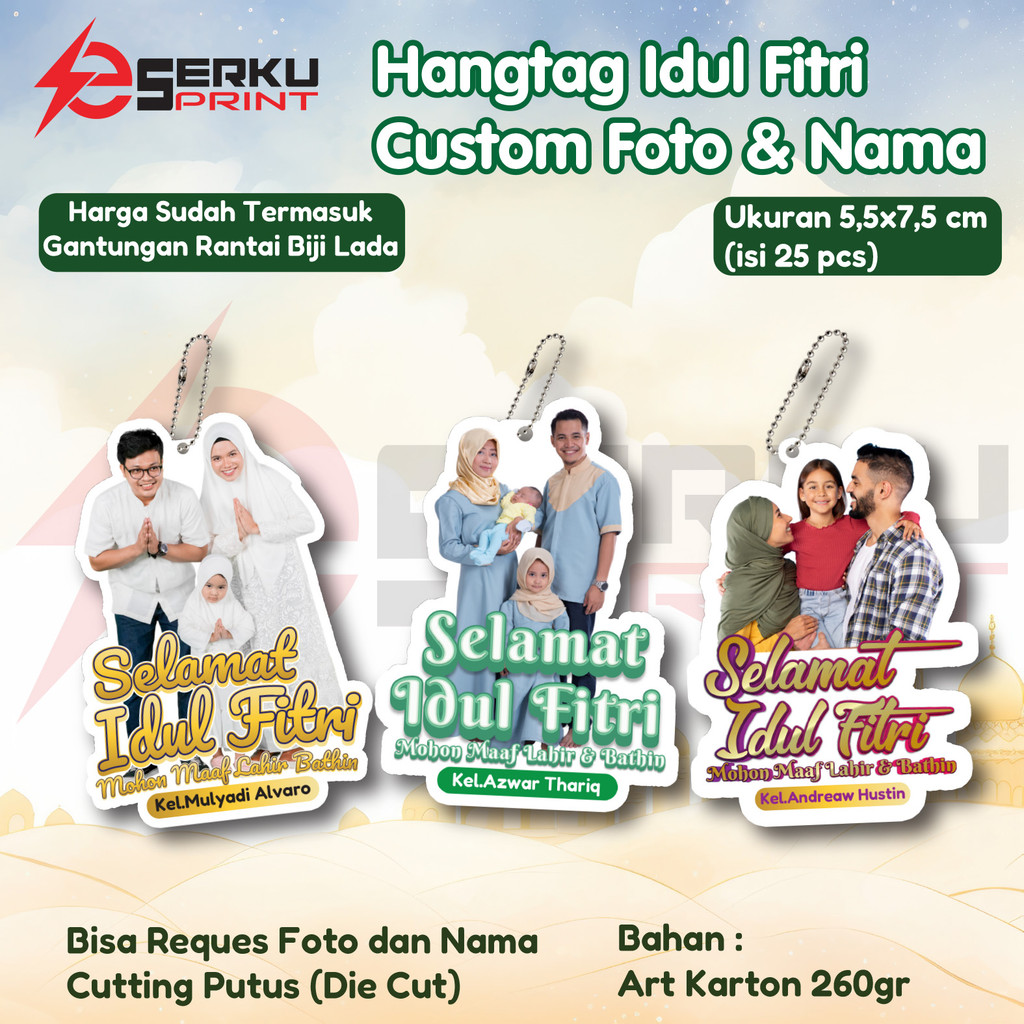 (ISI 25 pcs) HANGTAG UCAPAN IDUL FITRI HANG TAG LEBARAN CUSTOM FOTO DAN NAMA DIE CUT GRATIS GANTUNGAN TALI RANTAI LADA