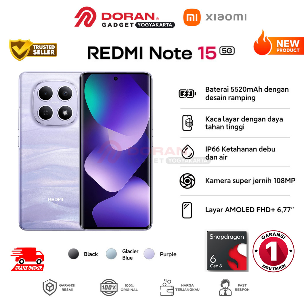 Xiaomi Redmi Note 15 5G (8/256 GB) (12/512 GB) 5520mAh IP66 108MP Layar AMOLED FHD+ 6,77" NFC