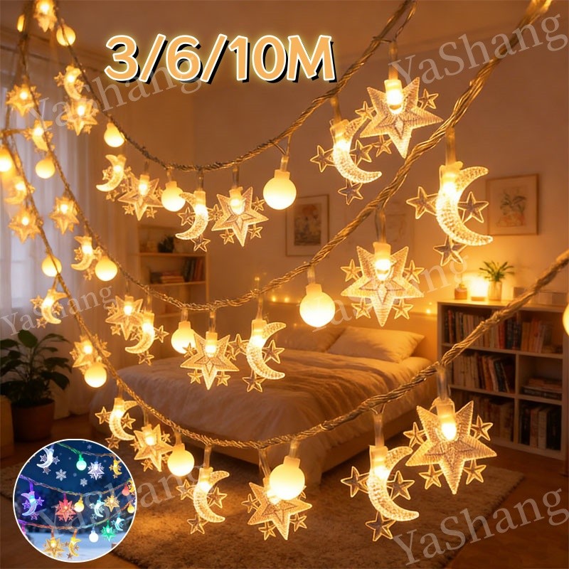3/6/10M Lampu LED Rangkaian Hiasan Ramadhan  Rantai Bulan Bintang Lampu Bintang  Rangkaian Hiasan Ramadhan