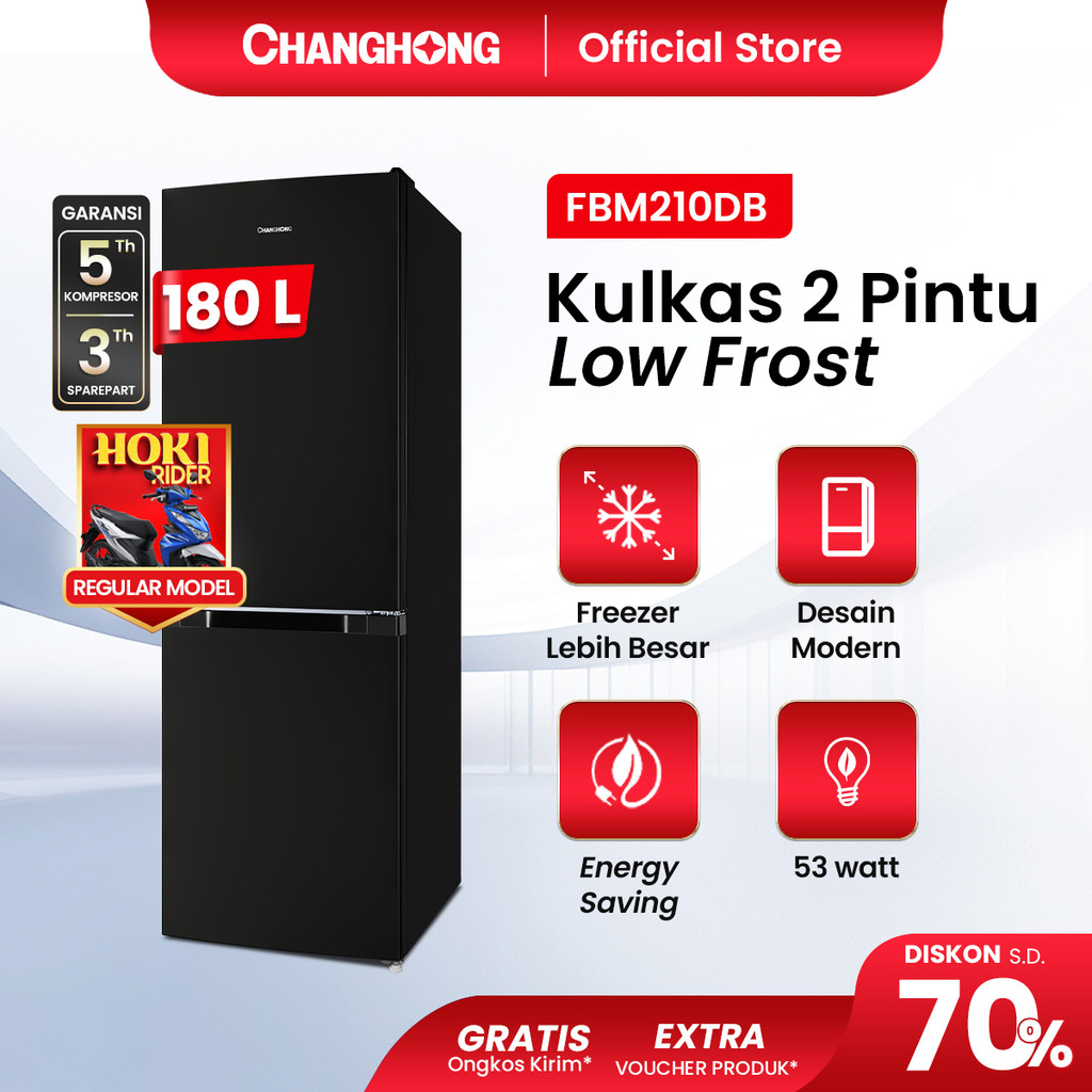 New Changhong Kulkas 2 Pintu (Bottom Mounted Refrigerator) Lemari Es Kapasitas 180 Liter FBM210DB
