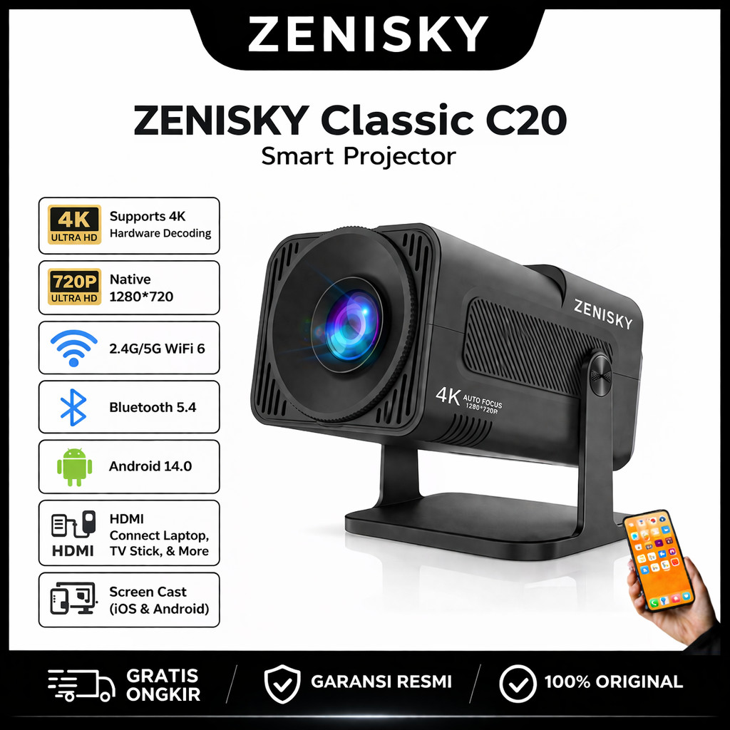 Jual Zenisky - Smart Proyektor C20 Hitam LCD Android 14 720P Built-in ...