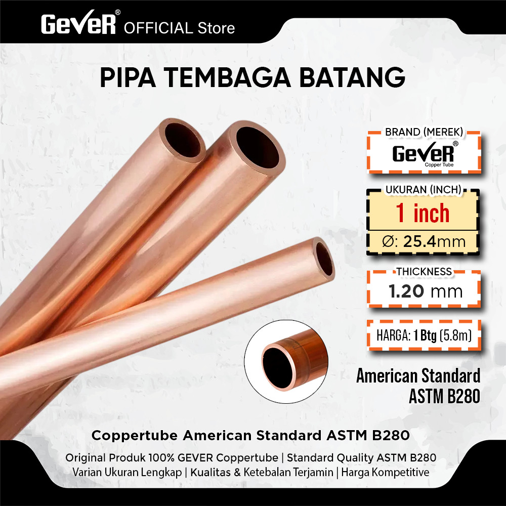 Jual PIPA TEMBAGA 1 INCH x 1.20mm ASTM B280 BATANG (5.8m) GEVER COPPER ...