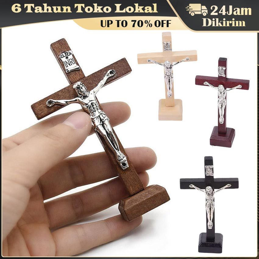 Salib Duduk Kristen Protestan / Ornamen Cross Desktop Kayu Jati 3