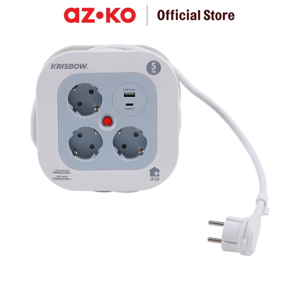 Jual AZKO Krisbow 5 mtr Kabel Roll Mini 3 Soket dengan 1 USB-A dan USB ...