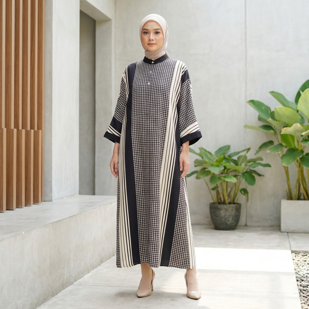 FADFAD Gamis Muslimah Elegan | Model Kaftan Kerah Mandarin | Motif Houndstooth & Garis Lengan Lebar | Bahan Katun Adem untuk OOTD Kantor & Kondanga