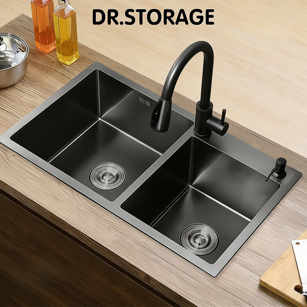 DR.STORAGE - Kitchen Sink Stainless Wastafel Hitam Anti Karat Stainless Steel SUS304 3.0mm + Kran Tarik - Cuci Piring Tahan Bocor, Garansi 3 Tahun
