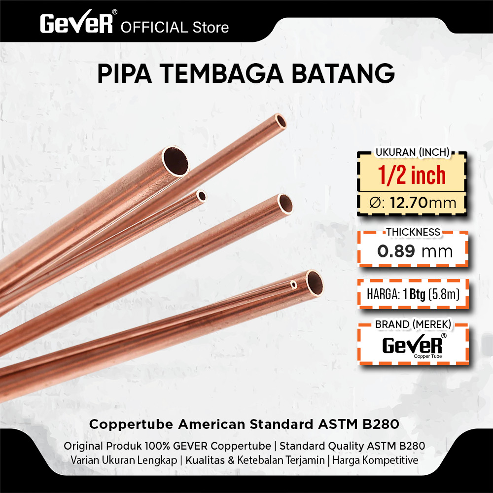 Jual PIPA TEMBAGA 1/2 INCH x 0.89mm ASTM B280 BATANG / GEVER COPPER ...