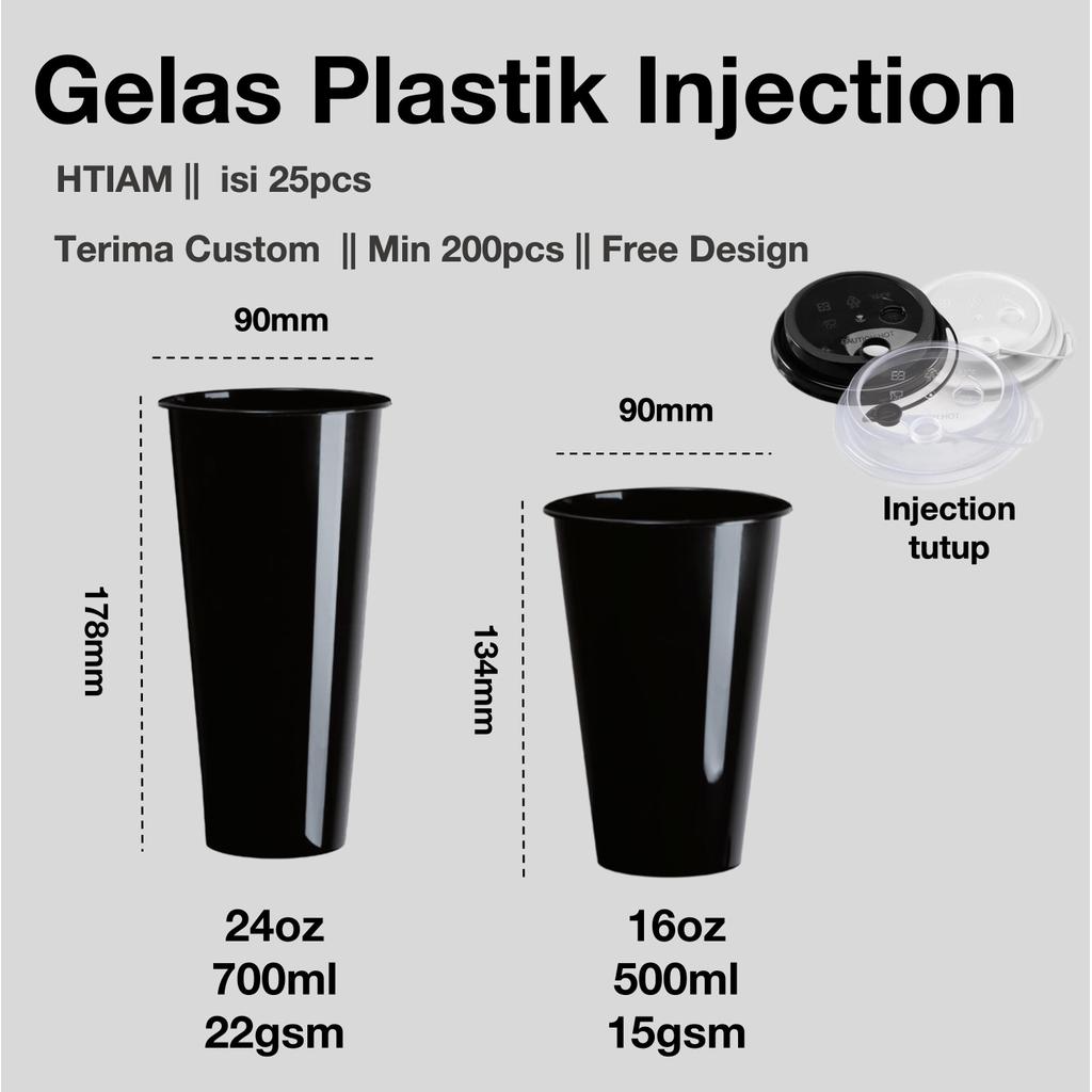 Jual [25pcs] Gelas Plastik Injection Hitam Black 16oz 24oz +Injection ...
