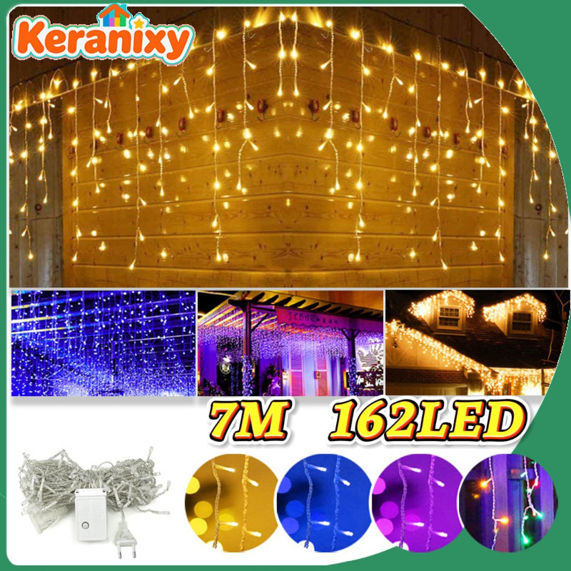 Keranixy 7M 162LED Kelap Kelip Ramadhan Lampu Hias Outdoor Waterproof Kamar Lampu Tumblr Led Icicle String Light Lampu Hias Festival Lampu Hias Halaman
