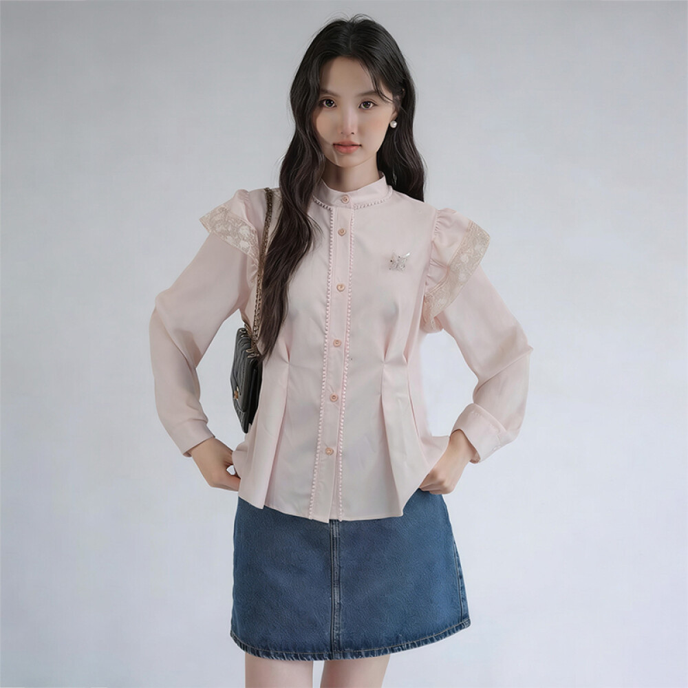 Jual Kemeja Wanita FADFAD Kerah Mandarin Lengan Sayap Renda Pinggang ...