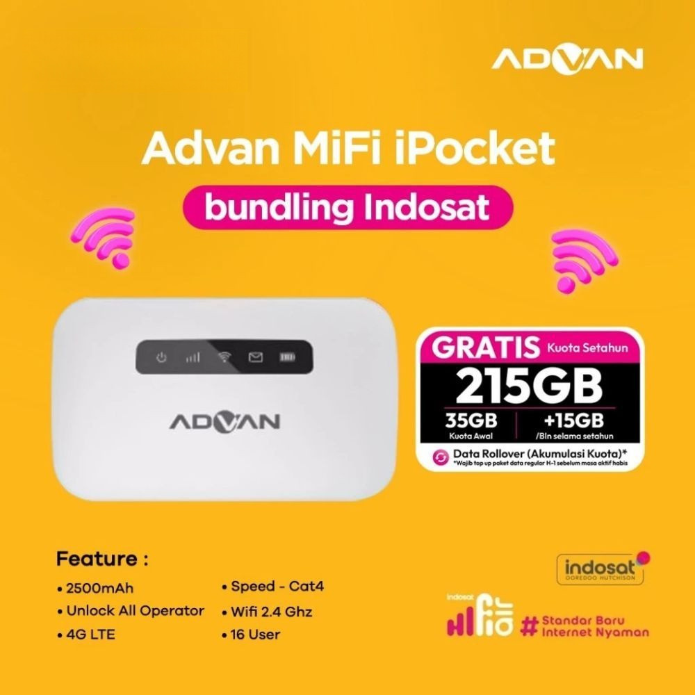 Modem Indosat HiFi Air Advan MiFi Pocket MF01 Unlock All Operator Free Kuota 215GB 1 tahun