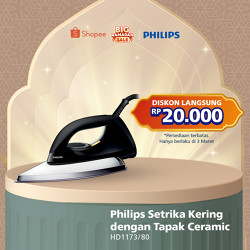Philips Setrika kering HD1173/80 Hitam, Ceramic 4 Lapis, Anti-Lengket, seterika 