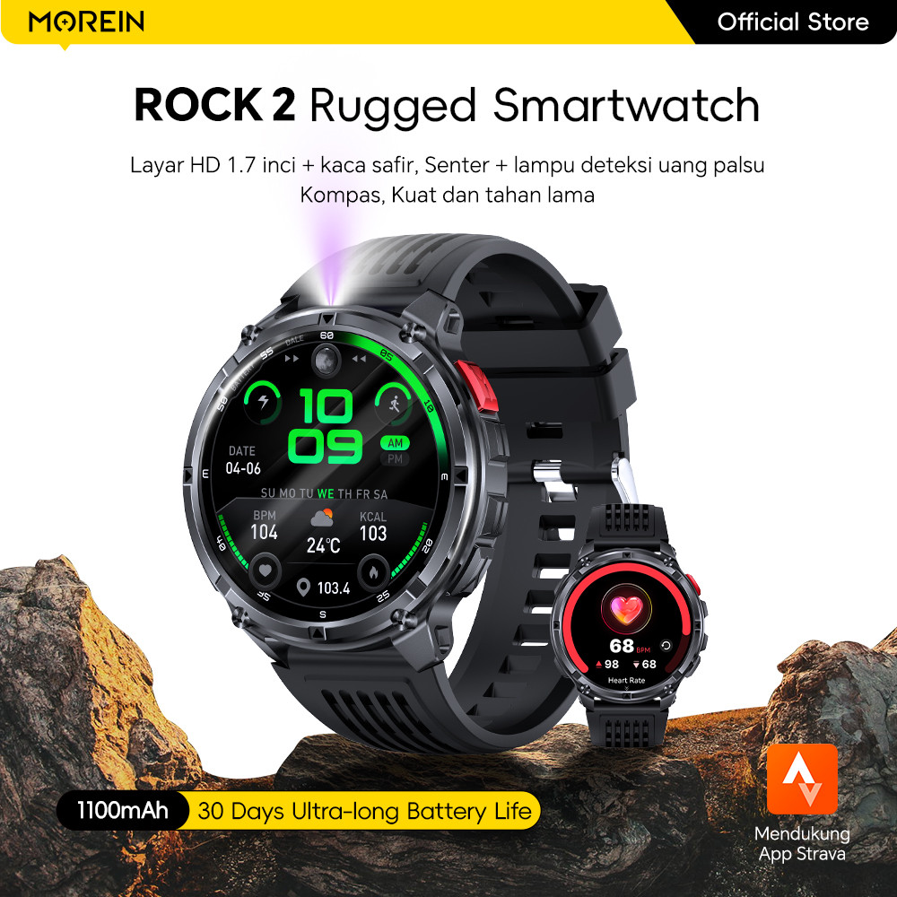 Morein Plus Rock 2 Smartwatch - Layar HD 1.7" | 1100mAh Battery | Senter + Kompas | Tahan Air IP68