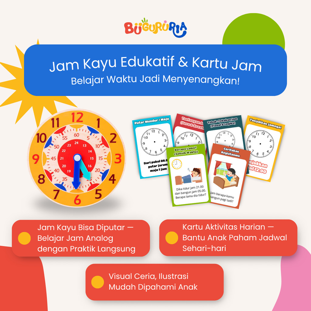 Jual BuGuruRia – Jam Kayu Edukatif & Kartu Aktivitas Waktu | Belajar ...