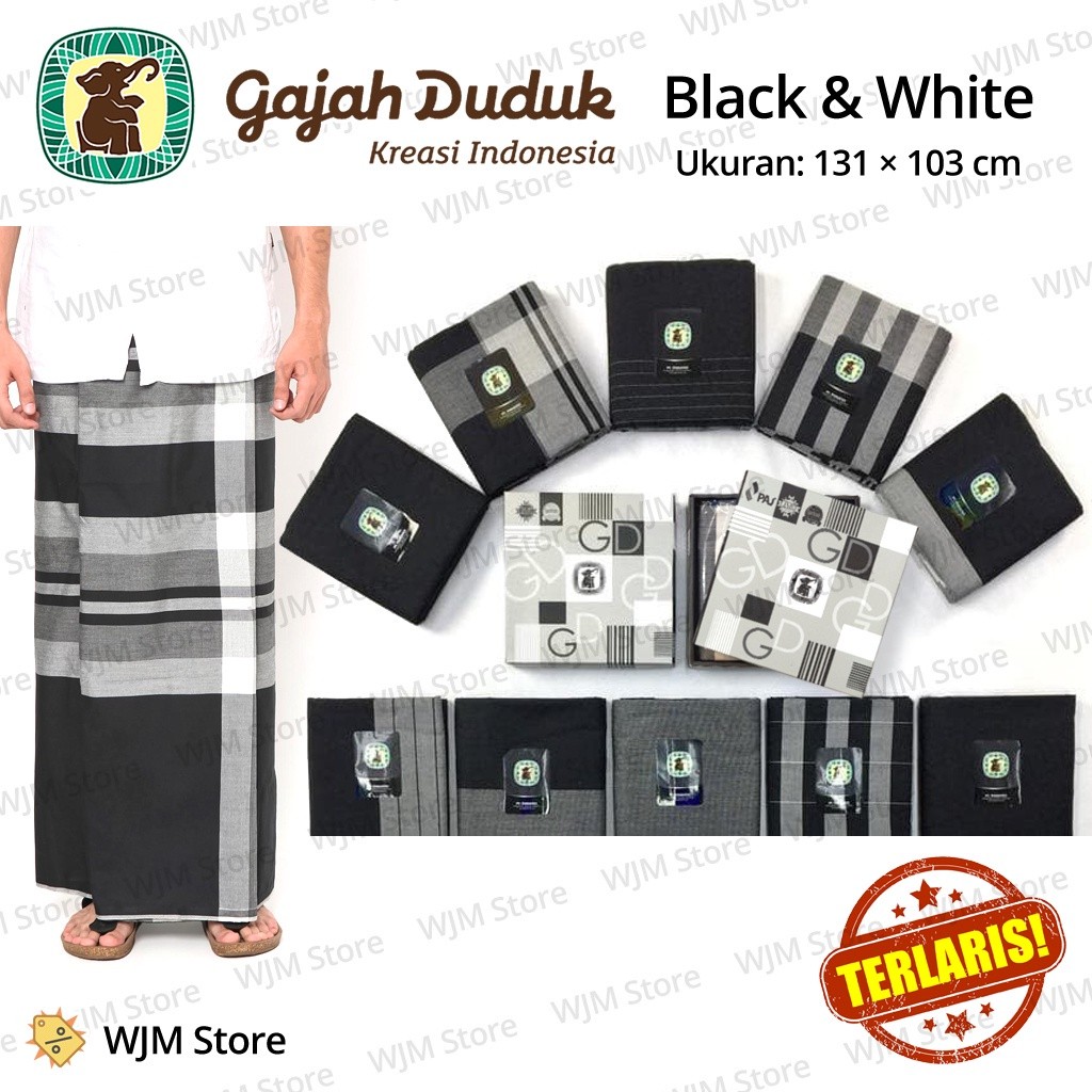 Sarung GAJAH DUDUK Black & White Hitam Putih Premium Exclusive Pria Muslim Remaja Tanggung Santri Laki Cap Kain Tenun Muslim Murah Cowok Cowo Motif Modern Warna Trendi Hadiah Sovenir Souvenir Sunat Sunatan Tarawih Ied Sholat Untuk Baju Koko Peci Sarkoci