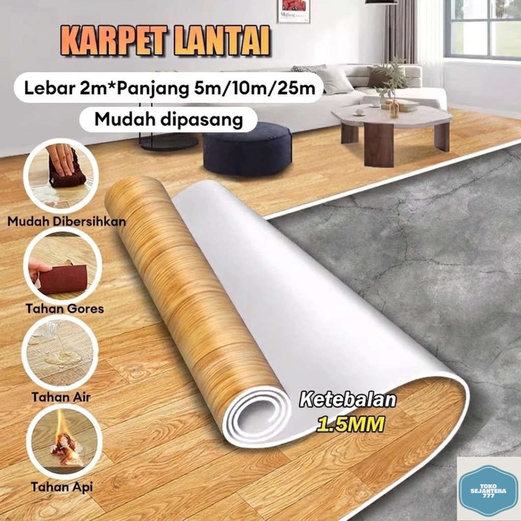 (10 Meter) - Karpet Lantai Dekoratif Tahan Air | Karpet Lantai Vinyl Roll Motif Kayu Tebal  Vinyl Flooring Gulungan 2M x 1.5MM Karpet Lantai Dekoratif Tahan Air