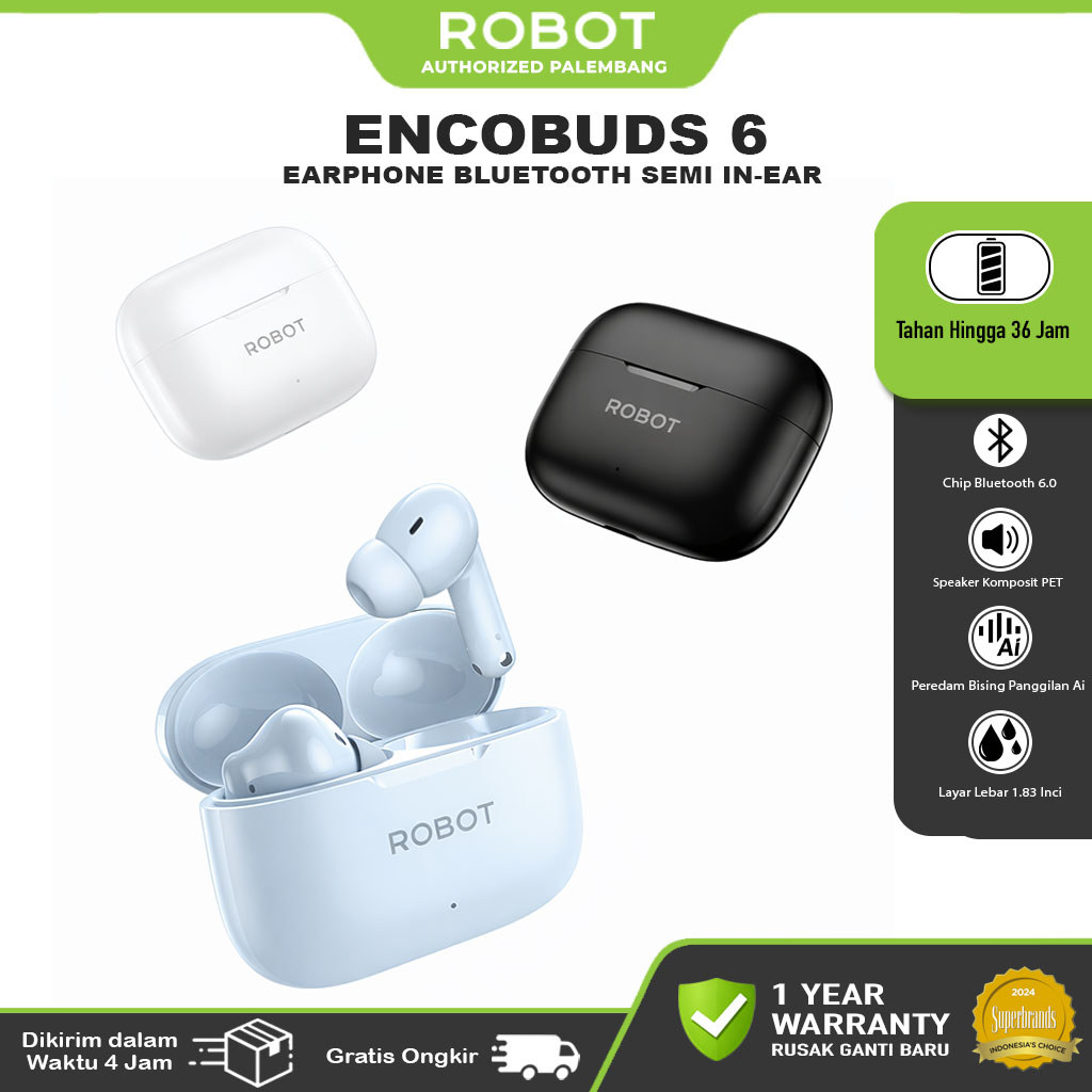 ROBOT Encobuds 6 TWS Earphone Bluetooth 6.0 Headset Wireless Mini Earbuds 36 Hours PlayTime Ultra Bass Sound Original - Garansi 1 Tahun