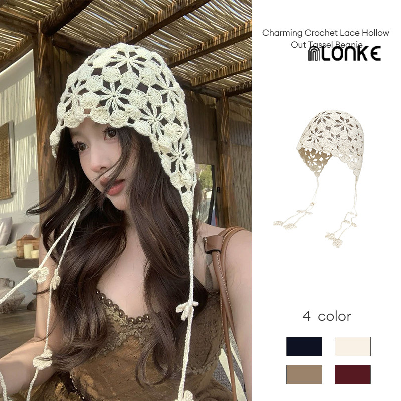 Jual NLONKE - Topi Beanie Wanita Berumbai Berlubang dengan Renda ...