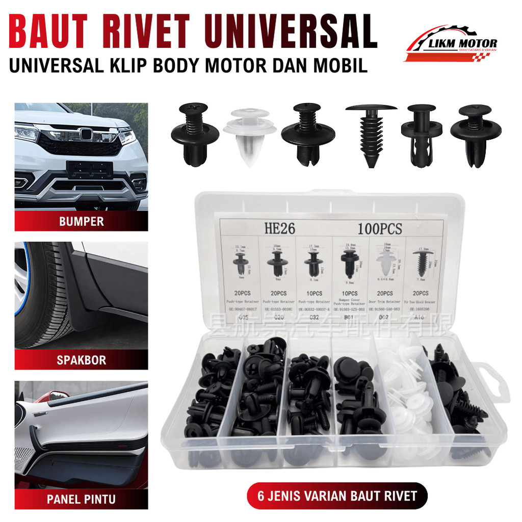 Jual 100 PCS Baut Rivet Mobil/Universal Klip Bumper Baut Body Plastik ...