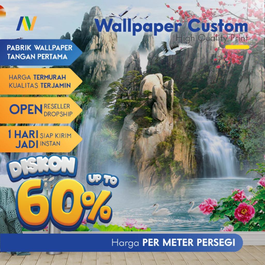 Wallpaper Custom Motif Air Terjun Natural HD Premium Bikin Ruang Tamu Sejuk Estetik Custom Size