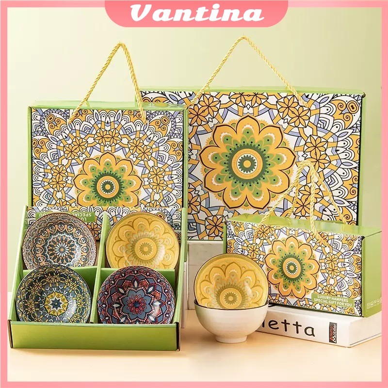 Souvenir Lebaran Idul Fitri mangkok set premium peralatan makan porselen biru dan putih mangkuk keramik kotak/ Mangkok set premium motif bunga cantik / Hampers mangkok premium / Peralatan makan keramik motif bunga